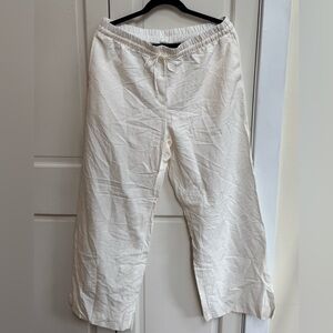 H&M Linen Blend Pants Size Large White Wide Leg Drawstring Summer NWT